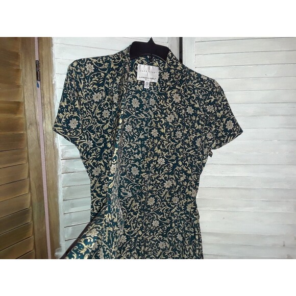 ADRIANNA PAPELL Dress Size 4P 100% Silk Faux Wrap Botanical Floral Teal & Cream - Picture 3 of 4